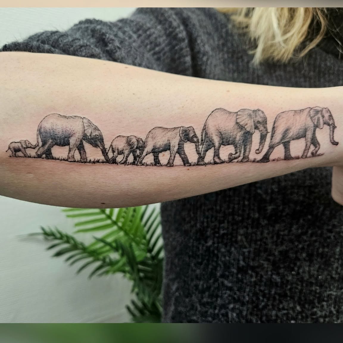 Fílar í röð á framhandlegg